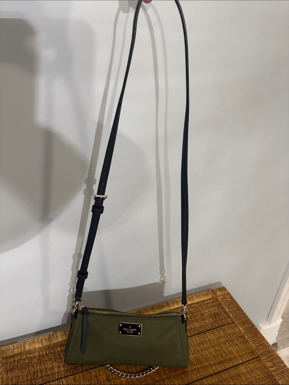 kate spade olive green nylon crossbody with chain strap